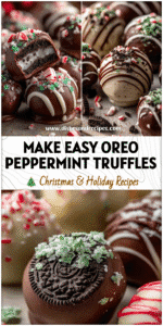 Close-up of Oreo Peppermint Truffles coated in chocolate and sprinkled with crushed mint candy.